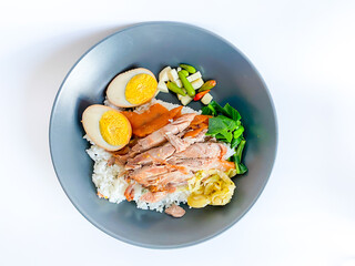 Braised pork leg with steamed rice ready to eat