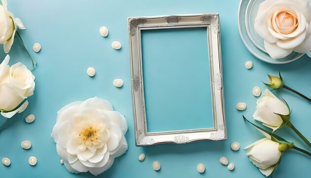 Vertical Photo Frame and White Roses on a Soft Blue Background - A Charming Addition to Your Designs