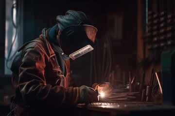 Fototapeta premium Welder welding steel. Generative AI