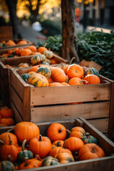 A rustic shot of a wooden crate filled with plump, orange pumpkins at an outdoor farmer's market, ai generative