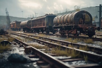 Fototapeta na wymiar Freight train cars on an abandoned railway. Generative AI
