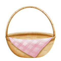 Watercolor brown basket and pink fabric.	
