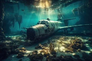 Foto auf Acrylglas Alte Flugzeuge Plane under water, crash of an old plane under water. Generative AI