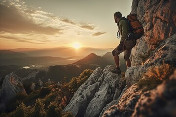 Traveler man. Climbed up the mountain. Generative AI