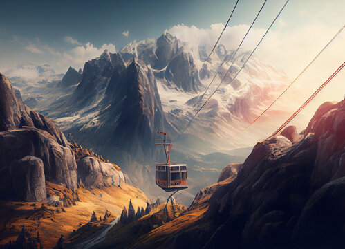 A Captivating Cable Car Odyssey Through White Snow Cloaked Mountain Peaks and Whistling Winter Winds in Nature Embrace - Glide Across the Frosty Realm