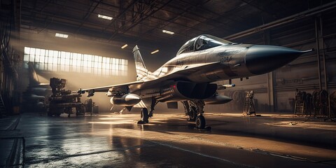 Military fighter in the hangar. Generative AI - obrazy, fototapety, plakaty