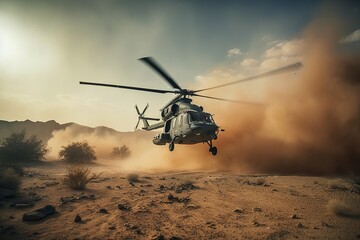 Takeoff of a military helicopter in the sands of the desert. Generative AI