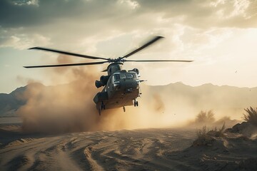 Landing in the sand dunes military helicopter. Generative AI