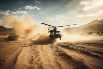 Military helicopter in the desert. Generative AI
