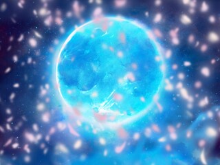 青い満月が夜空に浮かび桜の花吹雪がはらはら舞うファンタジー背景風景イラスト	