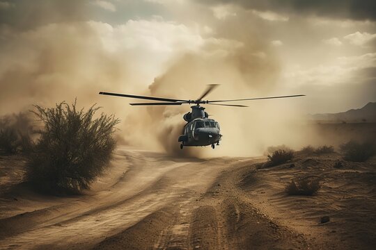 Helicopter landing on a sandy road. Generative AI