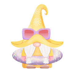 Yellow watercolor Summer gnome and swimming ring.

