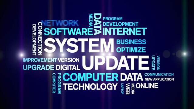 System Update animated tag word cloud;text design animation kinetic typography seamless loop.