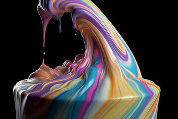 Colorful liquid splash twirl isolated on black background. Generative AI