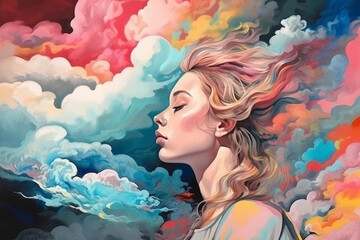 Colorful illustration of a beautiful young girl daydreaming and imagining. Generative AI