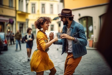 Cool young couple dancing happily in the street - colorful urban scene. Generative AI