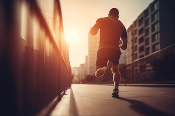 Young athletic man jogging at sunrise in the city streets. Generative AI