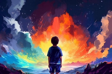 Colorful hand drawn illustration of a little boy daydreaming and imagining. Generative AI