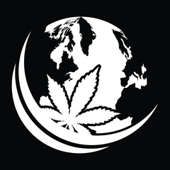 Legalize marijuana or cannabis globe symbol icon isolated on black background