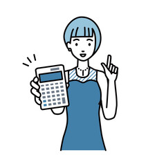 立って電卓を持ってこちらに向けて見せているドレスの女性