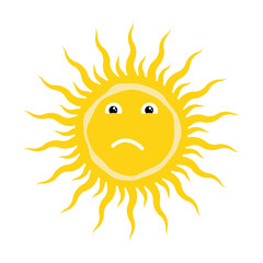 Stylized yellow summer sun funny character with dissatisfied face. Sun icon with different shapes of rays. Simple Vector isolated on white background