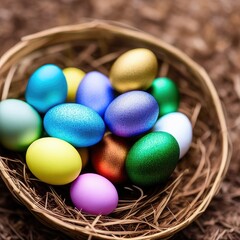 Fototapeta na wymiar Colourful Easter eggs in a basket
