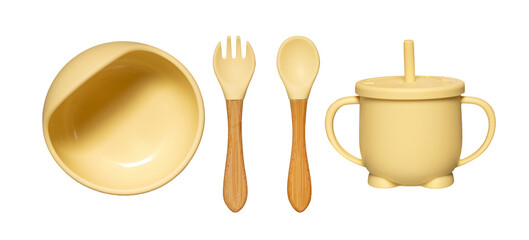 Silicone dishware on grey background. Serving baby, first feeding concept. Baby food accessory