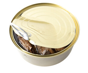 Canned food with sprats isolated on a white background