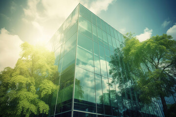 Sustainble green building. Eco-friendly building. Sustainable glass office building with tree for reducing carbon dioxide. Office with green environment. Corporate building reduce CO2 - obrazy, fototapety, plakaty