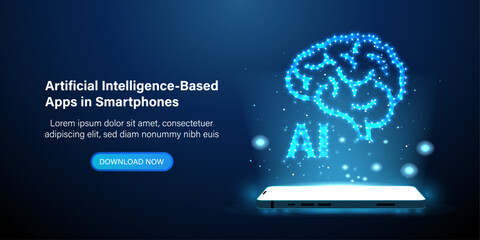 Artificial intelligence-based apps in smart phone, brain abstract vector background. Mobile smartphone and ai futuristic technology concept. Vector illustration. 
