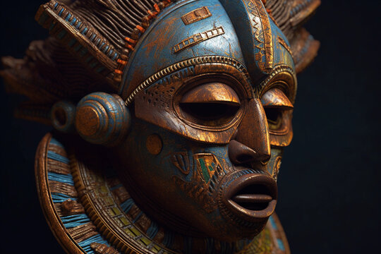 African mask, adorned with intricate carvings. generative AI