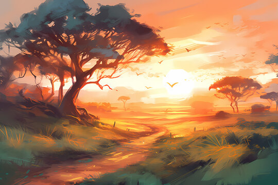 African savannah with a setting sun symbolizing hope. generative AI