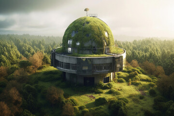 An abandoned observatory with a lush green forest. generative AI - obrazy, fototapety, plakaty
