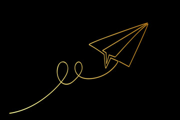 gold golden single or continuous line of vector paper plane
