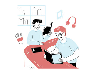 College Life Education Science School Campus University Illustration thesis work student speech study preparation industry visit class debate group students laboratorium graduation counseling library