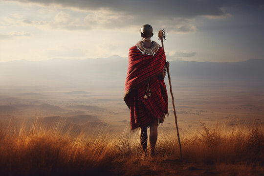 Back view of a lone Maasai warrior. generative AI
