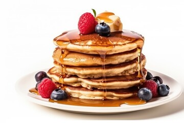 Pancake with fresh fruit for breakfast on white background. Generative Ai