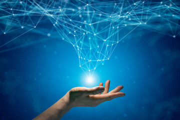 Digital Transformation and Next Generation Network Technology Concepts, Abstract futuristic technology with polygonal shapes on dark blue background.