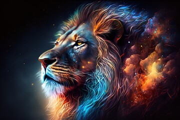  A close up of a lion on a black background, an airbrush painting, fantasy art, red blue and gold color scheme by Generative AI