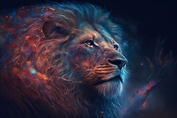 Naklejka premium A close up of a lion on a black background, an airbrush painting, fantasy art, red blue and gold color scheme by Generative AI