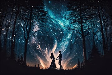 Fantasy couples in  te mddile of th foest at night Generated by AI