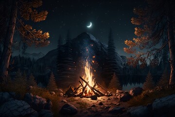 A campfire in the middle of a forest at night, a digital painting, Artstation, icon for weather app, the artist has used bright, realistic fire sharp focus by Generative AI - obrazy, fototapety, plakaty