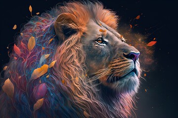 Naklejka premium A close up of a lion on a black background, an airbrush painting, fantasy art, red blue and gold color scheme by Generative AI