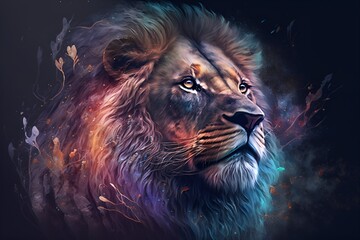Naklejka premium A close up of a lion on a black background, an airbrush painting, fantasy art, red blue and gold color scheme by Generative AI