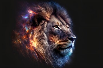 Naklejka premium A close up of a lion on a black background, an airbrush painting, fantasy art, red blue and gold color scheme by Generative AI