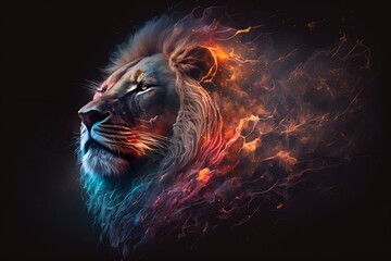 A close up of a lion on a black background, an airbrush painting, fantasy art, red blue and gold color scheme by Generative AI