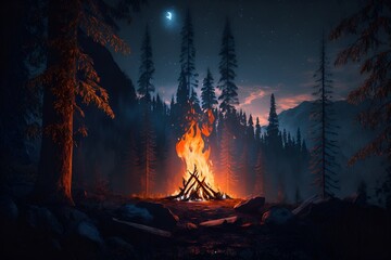 A campfire in the middle of a forest at night, a digital painting, Artstation, icon for weather app, the artist has used bright, realistic fire sharp focus by Generative AI