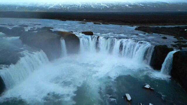 Godafoss waterfall spectacular dynamic ascending aerial 