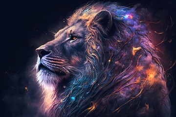 Naklejka premium A close up of a lion on a black background, an airbrush painting, fantasy art, red blue and gold color scheme by Generative AI