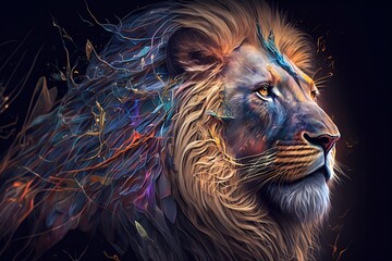 A close up of a lion on a black background, an airbrush painting, fantasy art, red blue and gold color scheme by Generative AI